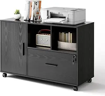 Картотечный шкаф с замком, деревянный боковой картотечный шкаф на колесиках с 1 ящиком, подставка для принтера с открытыми полками для домашнего офиса,