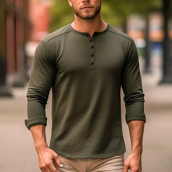 Мужской осенне-весенний пуловер Henry Neck Slim Fit Повседневная рубашка в стиле ретро с длинными рукавами, Дышащие уличные футболки, Топ, спортивная мужская рубашка