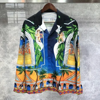 Гавайские пляжные рубашки Уличная рубашка с градиентным абстрактным принтом, топ с длинными рукавами, уличная хип-хоп сорочка Hawaienne Homme