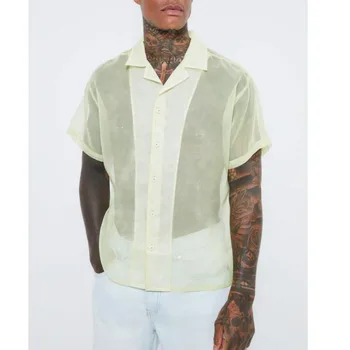 Мужская рубашка, модная прозрачная сетчатая рубашка, летняя мужская футболка с вырезом сверху