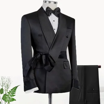 2023 Мужской костюм, 2 предмета, шаль с бантом, блейзер с лацканами, брюки, однобортный пиджак, повседневные мужские костюмы для свадебной вечеринки, деловых танцев