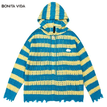 Вязаный свитер с контрастными вставками, мужской рваный вязаный свитер в полоску на молнии, свитера с капюшоном в цветную полоску, уличная одежда, кардиган, верхняя одежда