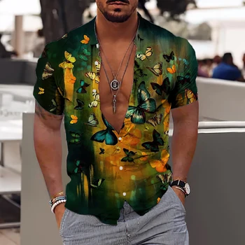 Рубашки с 3D принтом Бабочки, Мужские И женские Гавайские рубашки, Мужские Блузки с отворотом 