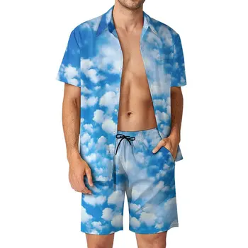 Мужские комплекты Cloud Machine Повседневные шорты с принтом Голубого Неба, Летняя модная рубашка для отпуска, дизайн с коротким рукавом, костюм Оверсайз В подарок