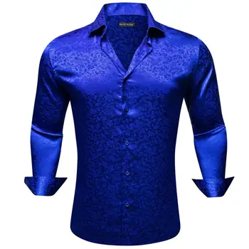 Мужские рубашки из шелкового атласа с длинным рукавом королевского синего цвета в цветочек, приталенные мужские блузки, повседневные топы, дышащая уличная одежда Barry Wang