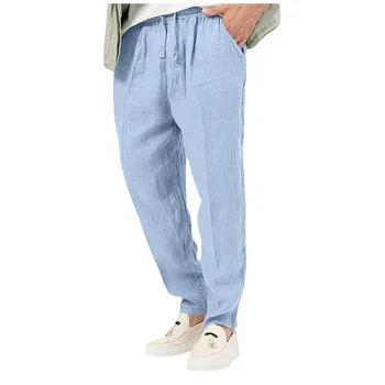 Мужские брюки Летние Повседневные Модные хлопчатобумажные льняные однотонные брюки Мужские домашние Легкие дышащие хлопчатобумажные льняные брюки