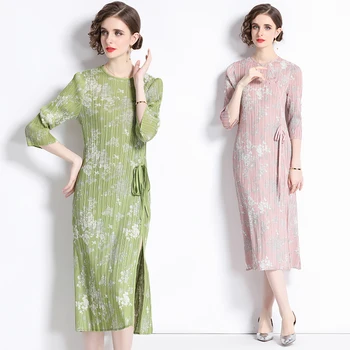 Улучшенный Китайский стиль Hanfu Miyake, плиссированное вечернее платье с цветочным принтом, Женское Весенне-осеннее Элегантное Приталенное повседневное платье с разрезом