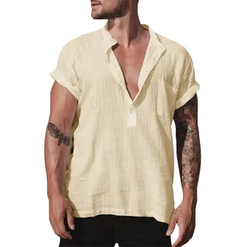 Мужская летняя Свободная рубашка с воротником-стойкой, однотонная футболка с коротким рукавом