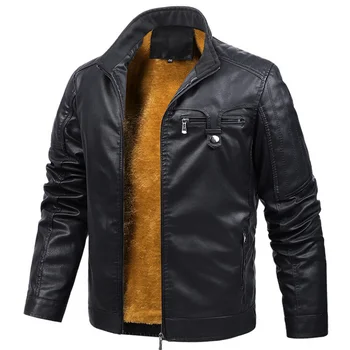 2023 Новая осенне-зимняя кожаная куртка для мужчин со стоячим воротником, мотоциклетные куртки, Зимняя теплая флисовая ветровка, пальто, верхняя одежда