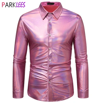 Розовая рубашка с металлическим блеском Для мужчин 2023, Новинка 70-х, диско-танцевальный костюм для вечеринки на Хэллоуин, Сорочка Homme, блестящая рубашка для выпускного вечера, мужская 2XL