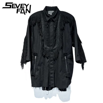 Seveyfan Men Hi Уличные Рубашки С Черными Кисточками, Лоскутные Рубашки в стиле Пэчворк, Уличная Одежда для Мужчин