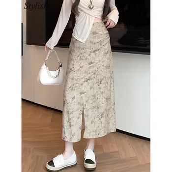 Облегающая юбка с цветочным принтом цвета Хаки, Винтажная длинная юбка с разрезом и Высокой талией, Женская повседневная асимметричная юбка Y2K, Корейская модная одежда