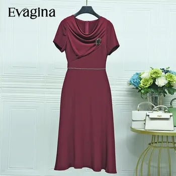 Evagina Solid, высококачественное длинное платье с бриллиантовой инкрустацией на талии, Весенне-летние женские новые праздничные платья с короткими рукавами и ворсистым воротником.