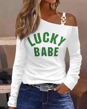 2023 Ninimour Женский топ с открытыми плечами с принтом Lucky Babe, асимметричный стиль, сексуальные облегающие белые пуловеры с длинными рукавами, футболки для женщин