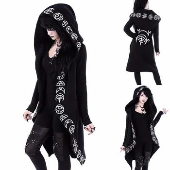 Женский кардиган в стиле панк с черным принтом, свитер с длинными рукавами, длинные куртки в стиле панк с лунным рисунком, ветровка в карнавальном готическом стиле