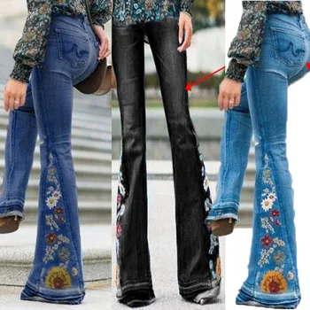 Женские джинсовые брюки Y2k с широкими штанинами, вышитые брюки с вышивкой, джинсовые расклешенные брюки, синие джинсы для женщин
