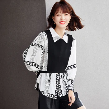 Высококачественная Корейская весенняя новая свободная рубашка с принтом, женский модный комплект из двух жилетов