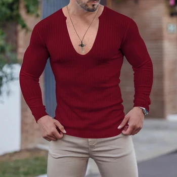 Весенне-осенний мужской тренд Cross border 2023, новая однотонная трикотажная рубашка с длинными рукавами с глубоким V-образным вырезом