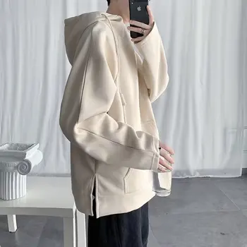 Весенне-осенняя Корейская мужская куртка Y2k Harajuku Оверсайз, однотонная толстовка, теплый пуловер с длинными рукавами, модный уличный топ с потертостями