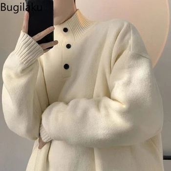 Свитер с полувысоким воротником Bugilaku для мужчин осенью и зимой, свободный и ленивый стиль, нишевый уличный вязаный свитер-куртка