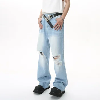 SYUHGFA Модные джинсы в американском стиле с дырками и заусенцами, мужские свободные Полированные Белые Рваные джинсы в стиле хип-хоп с прямыми хлопками, Модные мужские