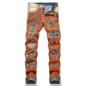 Мужские джинсы с вышивкой крестиком и розами, модные оранжевые брюки в стиле пэчворк с паутиной, Не растягивающиеся, тонкие прямые брюки