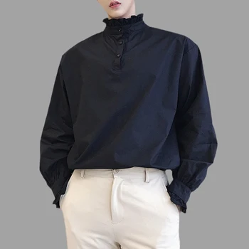 Осенняя новая мужская однотонная рубашка с рюшами и воротником-стойкой, уличная одежда с длинным рукавом, пригодная для носки мужская одежда спереди и сзади, Элегантные рубашки для вечеринок